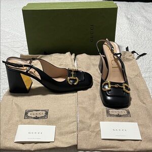 Gucci Black and Gold Slingback Heels